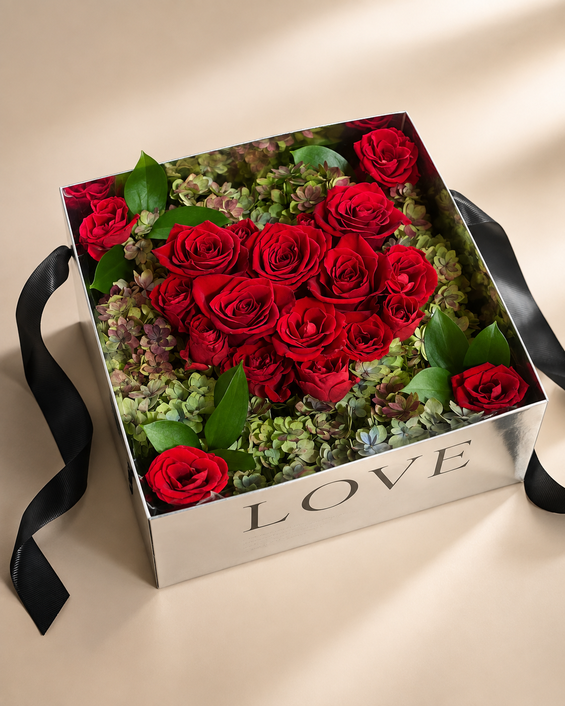 Red rose flower box with romantic LOVE design