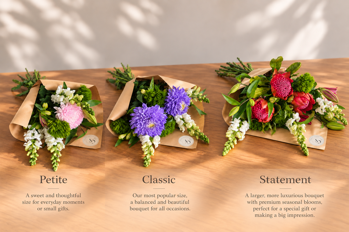 Gooday Floral bouquet size comparison showing Petite, Classic and Statement seasonal bouquets in kraft wrapping.