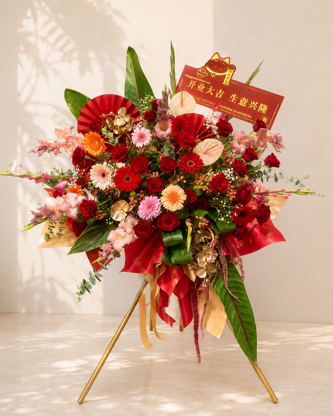 Red and pink grand opening flower stand with seasonal flowers by Gooday Floral in Auckland