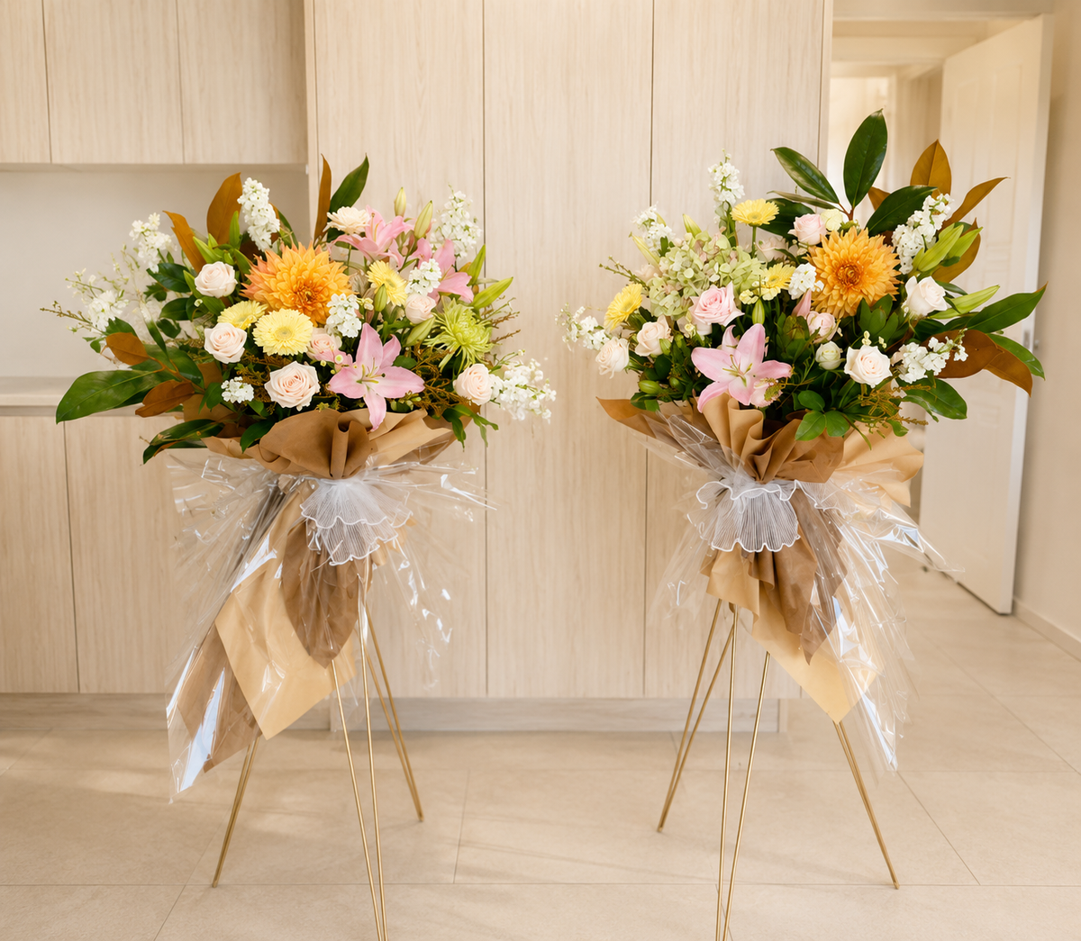 Yellow white and orange grand opening flower stands with fresh seasonal flowers for b=beauty salon by Gooday Floral Auckland